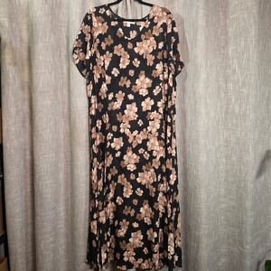 Woman Within Floral Maxi Dress Womens 1X 22/24 Black Tan Sheer Rayon Crepe
